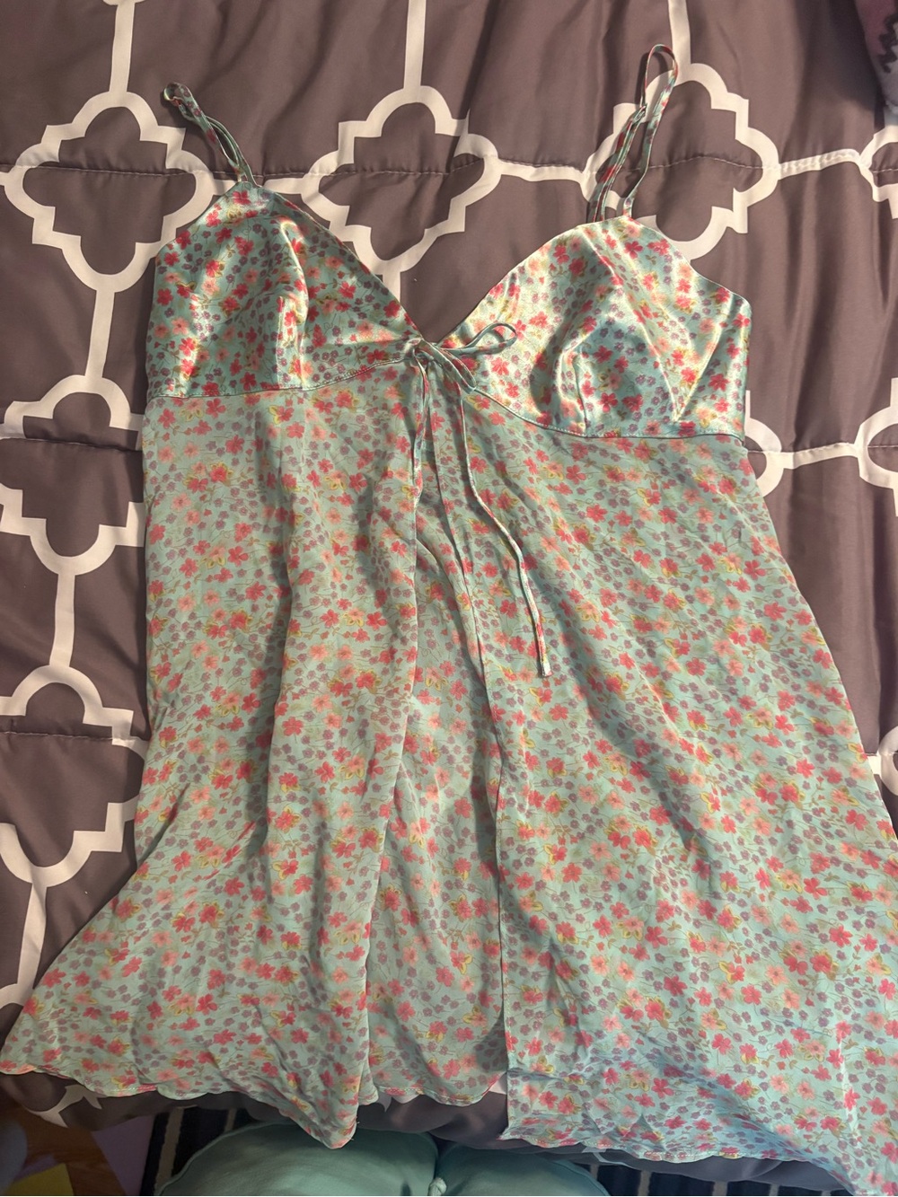 Victoria's Secret Mint Floral Satin chemise with Pink Accent